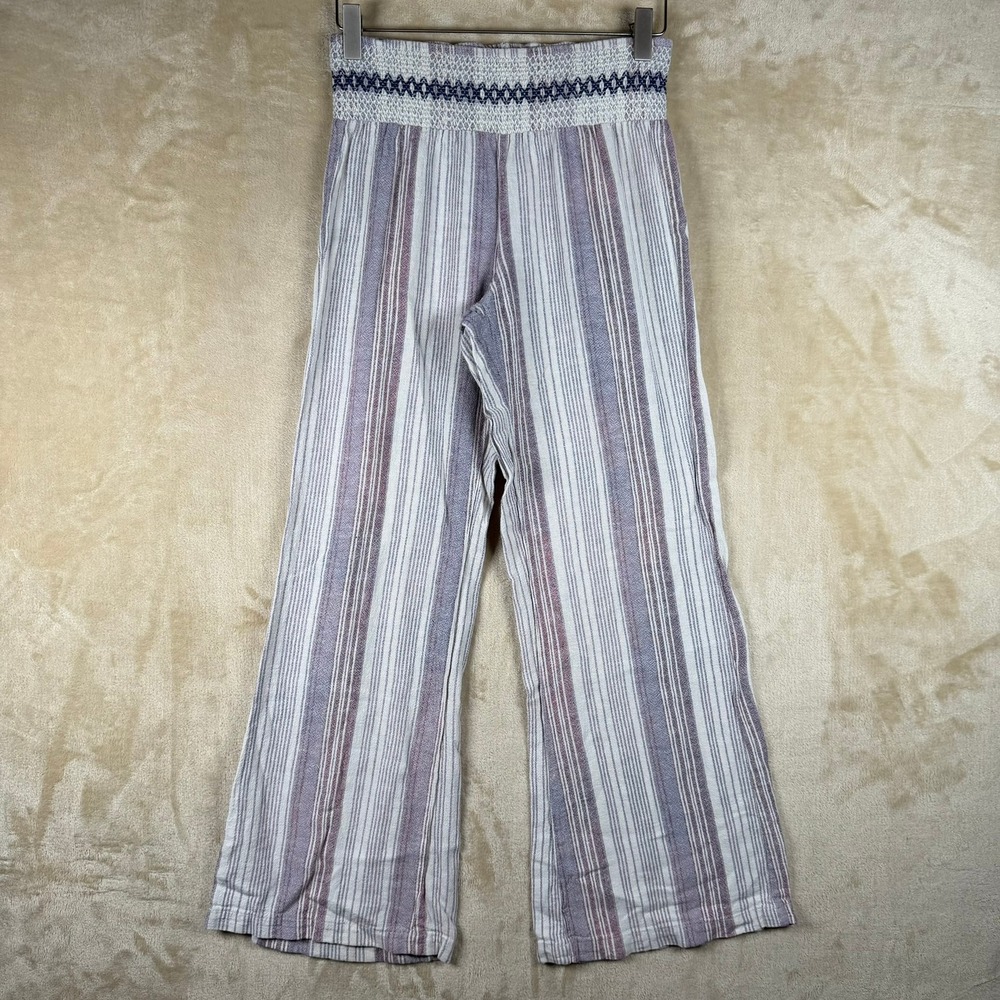 Indigo Rein Women Size M Purple Striped Wide Leg Linen Blend Smocked Waist Pants